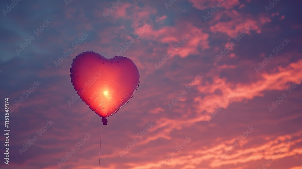 Fototapeta premium A glowing heart-shaped balloon floating in the evening sky with soft pink hues
