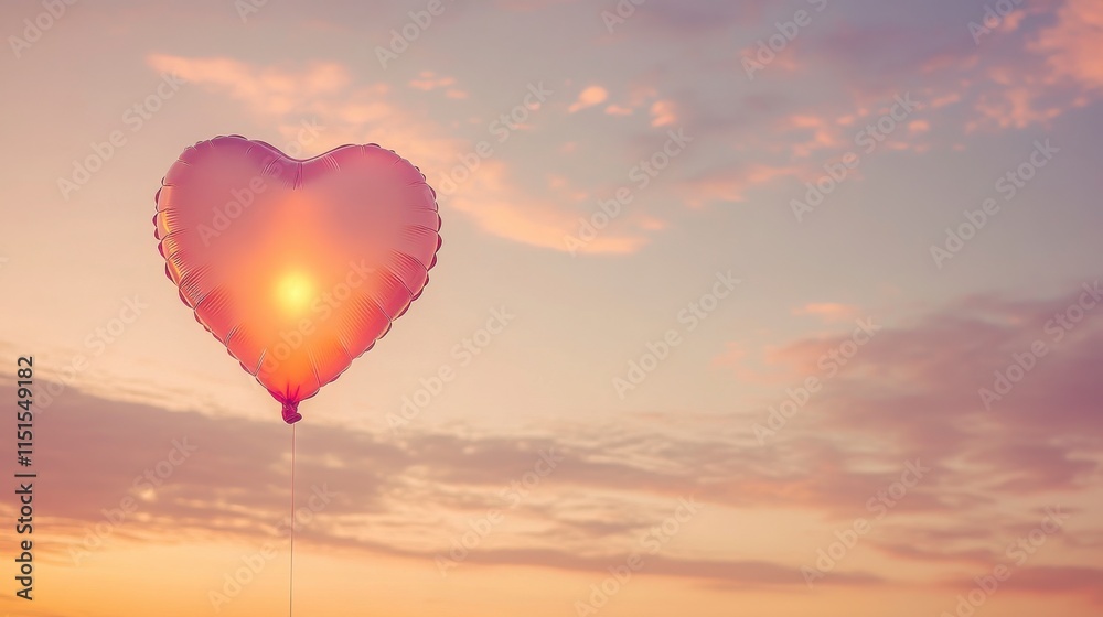 Fototapeta premium A glowing heart-shaped balloon floating in the evening sky with soft pink hues