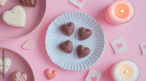 A flat-lay composition of Valentine's Day items: chocolates, candles, and love notes