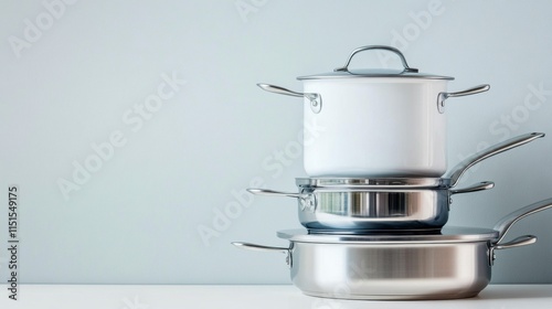 Sleek and Modern Stack of Stainless Steel Cooking Pots and Pans on a Minimalist Kitchen Countertop Against a Soft Grey Background