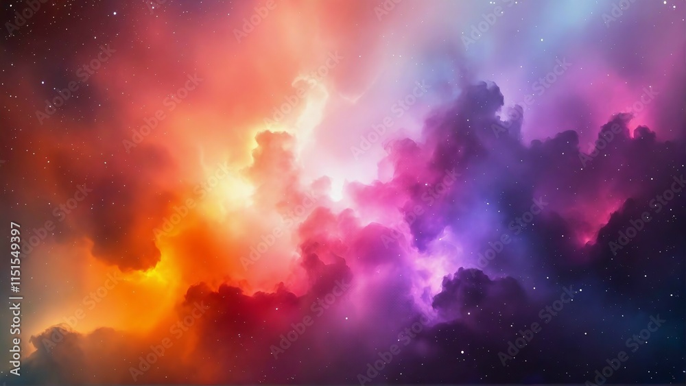 Naklejka premium A vibrant cosmic scene with swirling clouds of colorful nebulae in shades of orange, pink, purple, and blue. The stars dot the background, creating a sense of depth and vastness in space