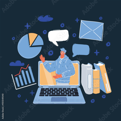 Cartoon vector illustration of lector at the laptop screen. Webinar, web seminars, webcasts. Modern education concept on dark