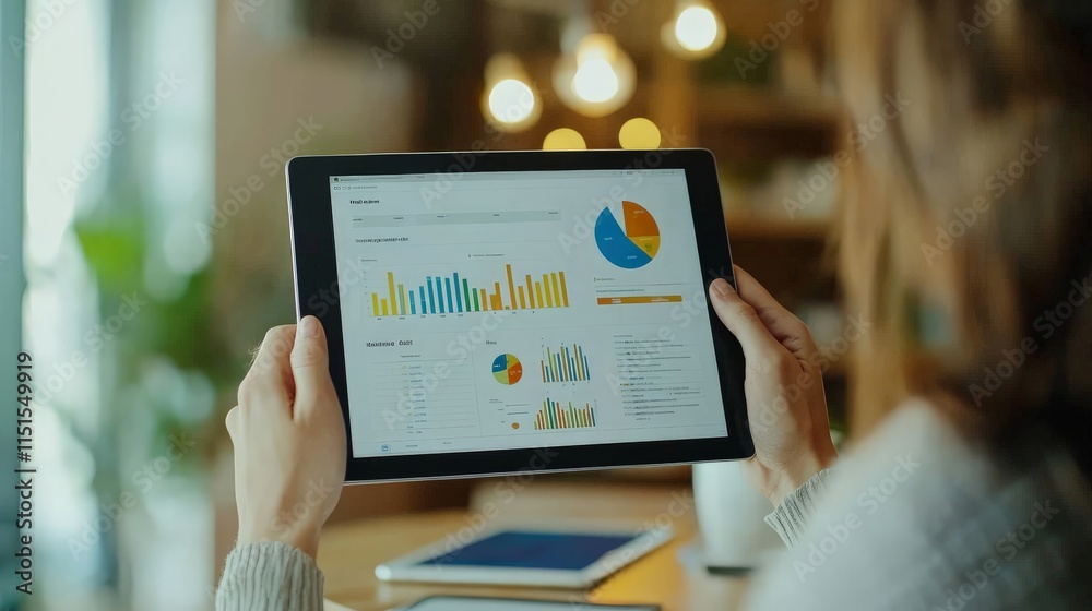 Entrepreneur holding a tablet with financial graphs displayed, seated at a small desk Entrepreneur holding a tablet with financial graphs displayed, seated at a small desk