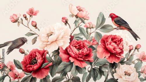 Fototapeta Naklejka Na Ścianę i Meble -  87.A detailed Chinoiserie vector mural with soft pink and red peonies, lush greenery, and elegant birds, arranged in a symmetrical composition to create an atmosphere of classic Eastern-inspired