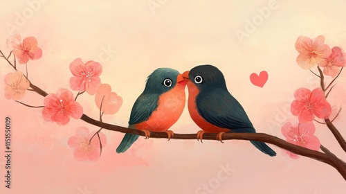 Whimsical illustration of two lovebirds on a branch with a Valentine's Day theme