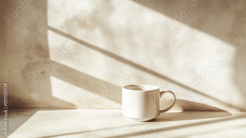 Soft Morning Light Casting Shadows on a Minimalist Coffee Cup Resting on a Simple Beige Surface, Highlighting Calmness and Serenity in a Cozy Atmosphere