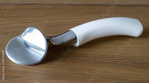 Sleek Stainless Steel Ice Cream Scoop with White Handle on Wooden Table Background, Perfect for Scooping Ice Cream and Other Frozen Treats