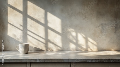 Soft Morning Light Casting Shadows on a Minimalist Kitchen Counter with a White Coffee Mug Surrounded by Calm Neutral Tones