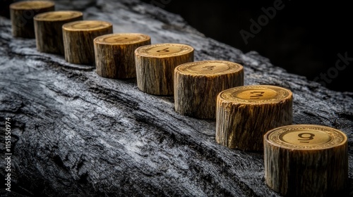 Wooden Cylinders Numbered In Sequence On Dark Wood photo