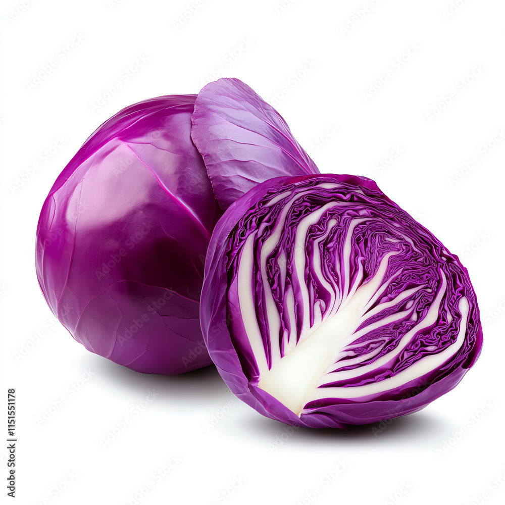 Fresh purple cabbage on a white isolated background, showcasing vibrant color and texture, perfect for healthy cuisine.