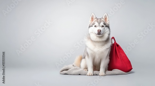 Cute Siberian Husky with Red Bag on Soft Blanket