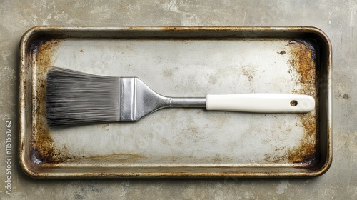 Stainless Steel Paint Brush on Metal Tray with Rusty Edges Ideal for Home Improvement and Creative Projects, Capturing the Essence of DIY Craftsmanship and Renovation