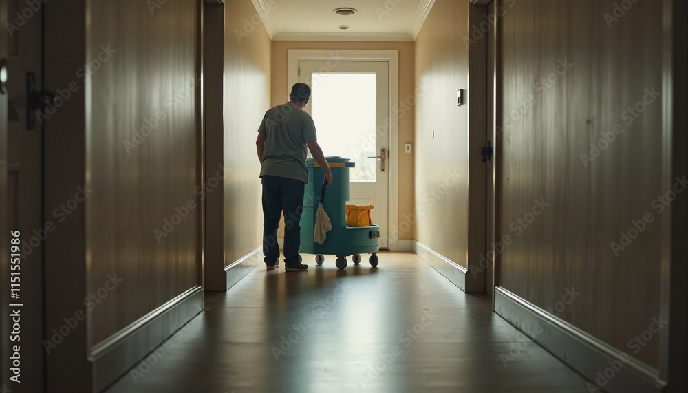 Janitor with cleaning cart standing in hallway by sunlight-filled door
Janitor with cleaning cart standing in hallway by sunlight-filled door