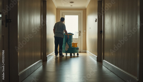 Janitor with cleaning cart standing in hallway by sunlight-filled door

