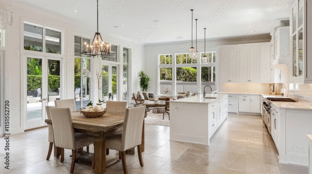 Luxurious Open Concept Kitchen and Dining Area with White Cabinets and Large Windows Luxurious Open Concept Kitchen and Dining Area with White Cabinets and Large Windows