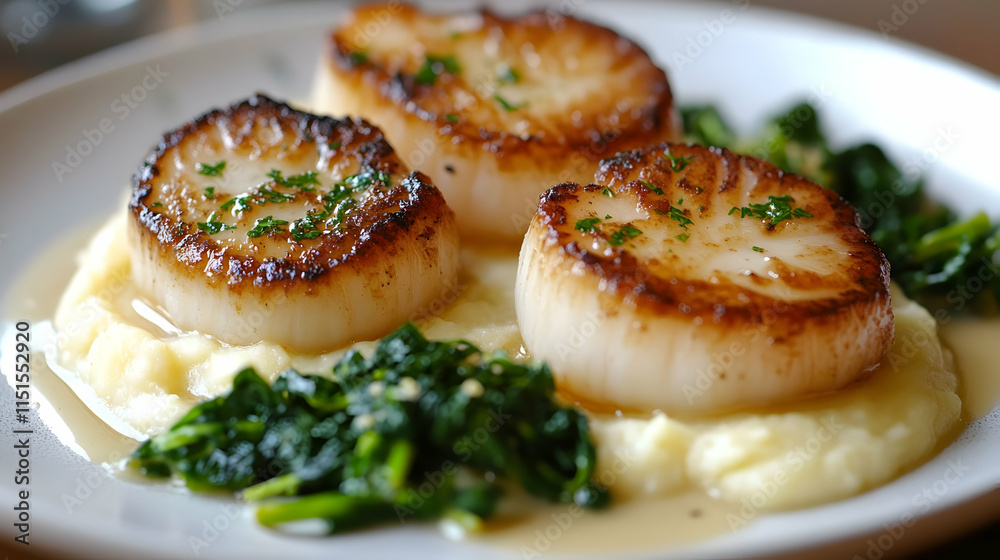 Seared Scallops with Creamy Mashed Potatoes and Spinach Seared Scallops with Creamy Mashed Potatoes and Spinach