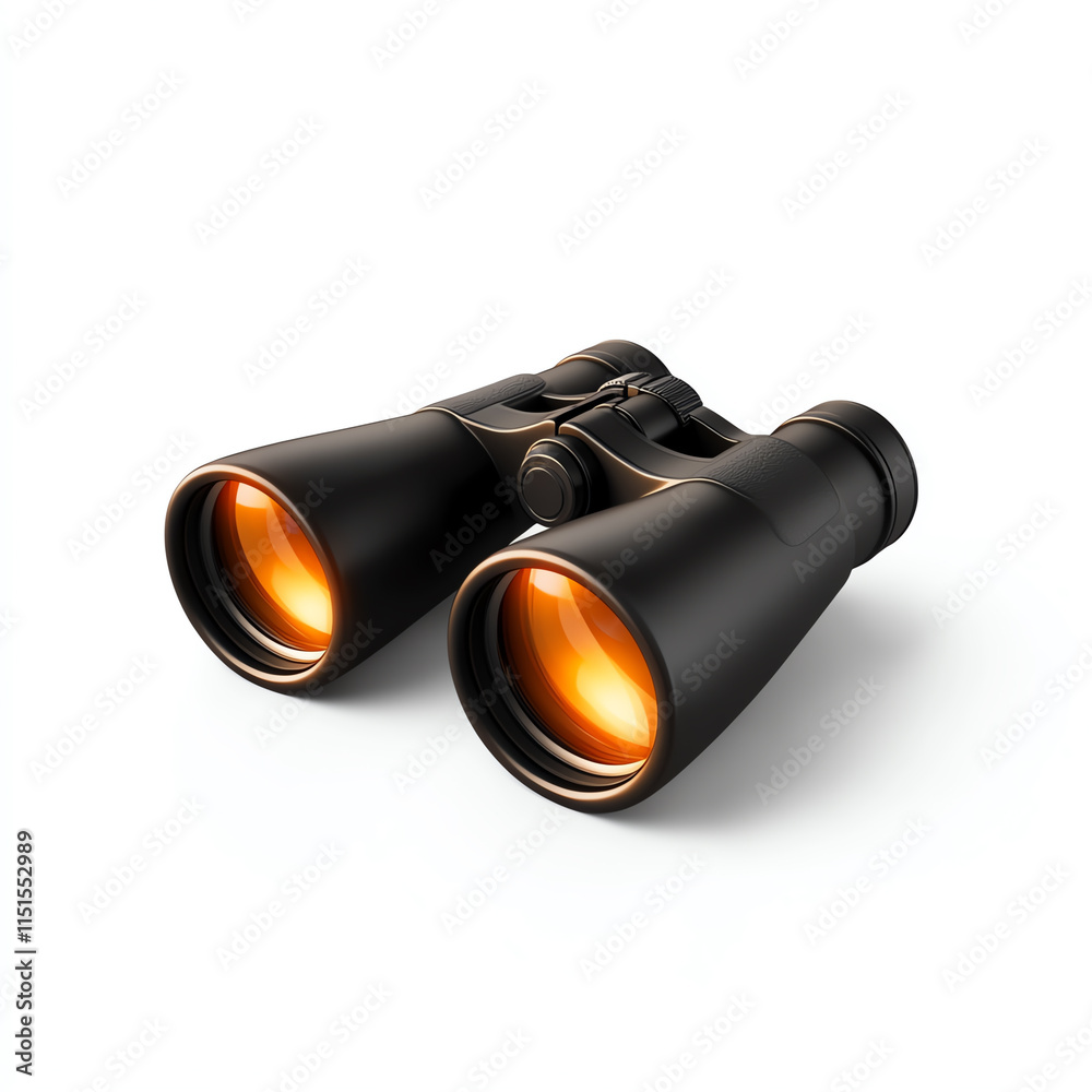 High-quality binoculars with black body and orange lenses on a white background.