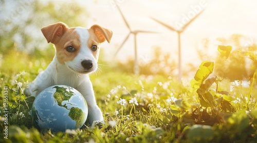 A realistic Earth Day image featuring a dog sitting beside pic photo