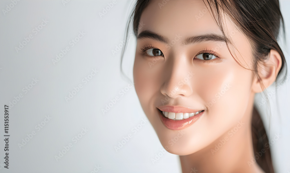 Naklejka premium Radiant Expression of Joyful Woman with Natural Makeup and Smile