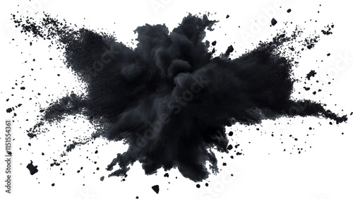 Black powder explosion on white background. Black chalk powder explosion on white background. 