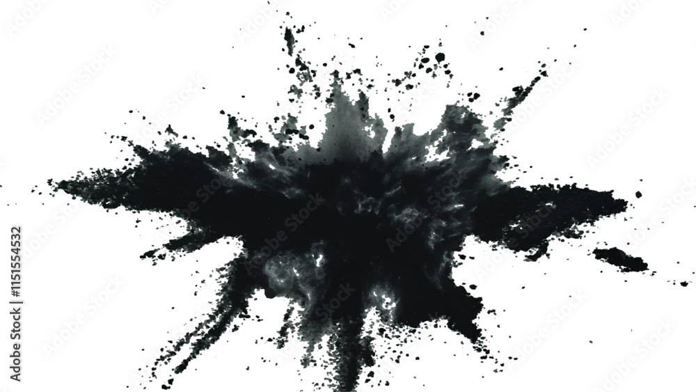 Abstract explosion of black powder and debris creating a dramatic cloud against a white background. Explosive black powder burst effect isolated on white background. Black chalk explosion. Black powde Abstract explosion of black powder and debris creating a dramatic cloud against a white background. Explosive black powder burst effect isolated on white background. Black chalk explosion. Black powde