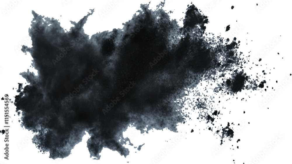 Abstract explosion of black powder and debris creating a dramatic cloud against a white background. Explosive black powder burst effect isolated on white background. Black chalk explosion. Black powde