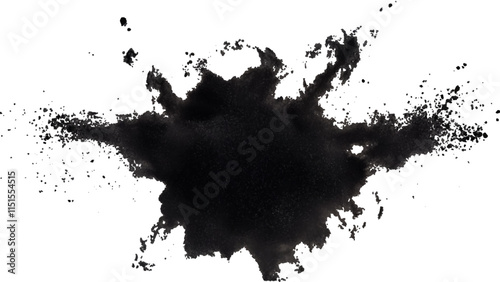 Abstract explosion of black powder and debris creating a dramatic cloud against a white background. Explosive black powder burst effect isolated on white background. Black chalk explosion. Black powde