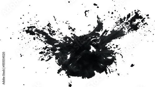 Abstract explosion of black powder and debris creating a dramatic cloud against a white background. Explosive black powder burst effect isolated on white background. Black chalk explosion. Black powde