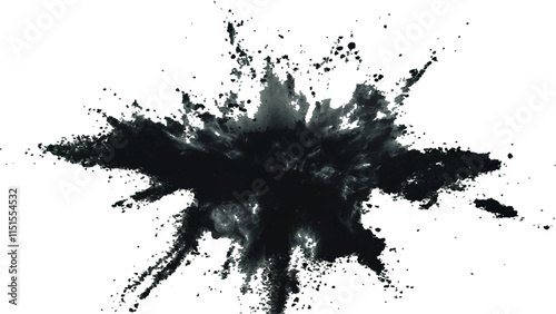 Abstract explosion of black powder and debris creating a dramatic cloud against a white background. Explosive black powder burst effect isolated on white background. Black chalk explosion. Black powde