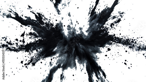 Abstract explosion of black powder and debris creating a dramatic cloud against a white background. Explosive black powder burst effect isolated on white background. Black chalk explosion. Black powde
