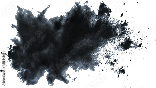 Abstract explosion of black powder and debris creating a dramatic cloud against a white background. Explosive black powder burst effect isolated on white background. Black chalk explosion. Black powde