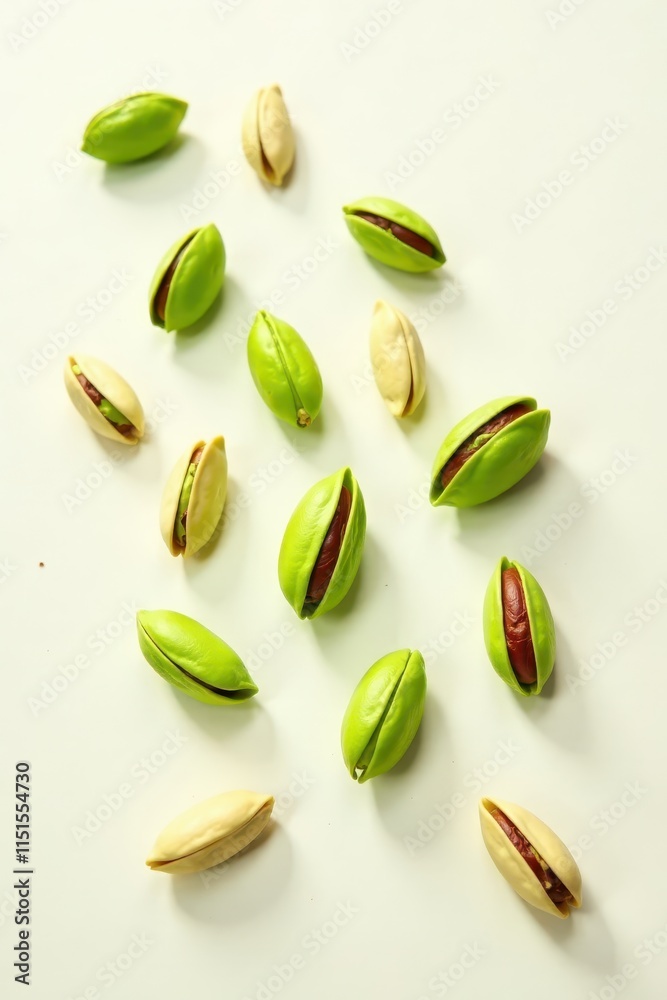 Green pistachio halves scattered on white background, nuts, green Green pistachio halves scattered on white background, nuts, green