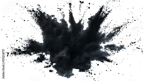 Explosive black powder burst against a white background. Closeup of black dust particles explode isolated on white background.