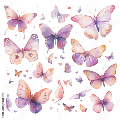 Watercolor Valentine fluttering butterflies  isolated on white background, Valentine illustration