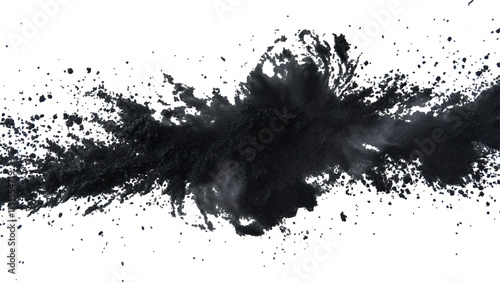 Explosive black powder burst against a white background. Closeup of black dust particles explode isolated on white background.