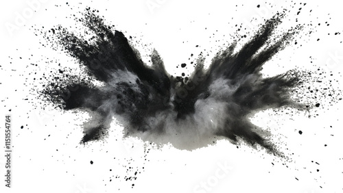 Explosive black powder burst against a white background. Closeup of black dust particles explode isolated on white background.