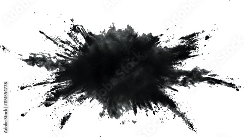 Explosive black powder burst against a white background. Closeup of black dust particles explode isolated on white background.