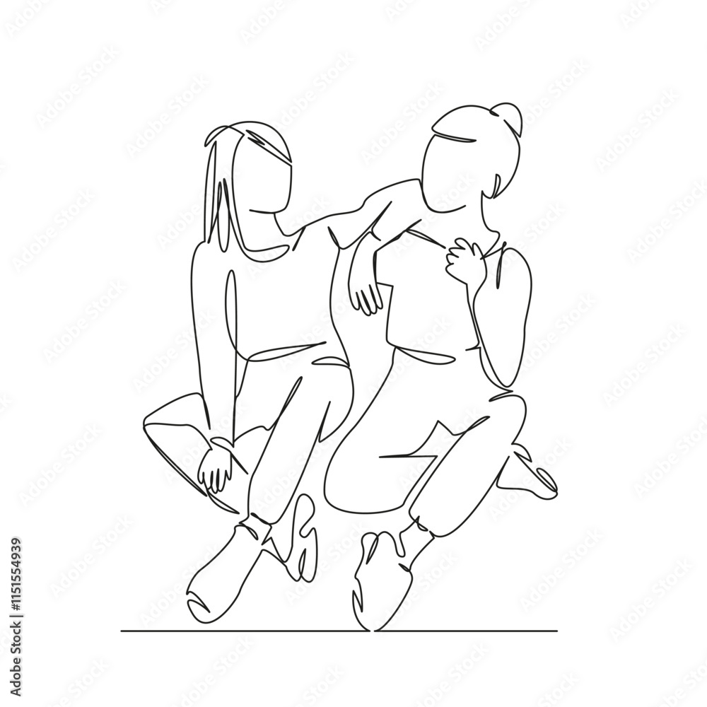 Fototapeta premium One continuous single drawing line art flat doodle teenage, person, sitting, female, woman, lifestyle, friendship, indoor, adult, conversation. Isolated image hand draw contour on a white background, 