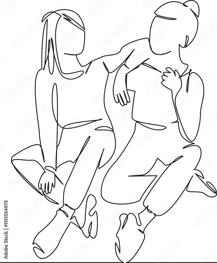 Fototapeta premium One continuous single drawing line art flat doodle teenage, person, sitting, female, woman, lifestyle, friendship, indoor, adult, conversation. Isolated image hand draw contour on a white background, 