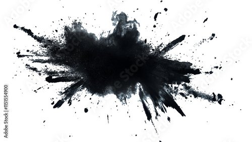 Black powder explosion with dark colors isolated white background. Abstract powder splatted on white background, 