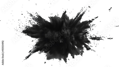 Black powder explosion with dark colors isolated white background. Abstract powder splatted on white background, 