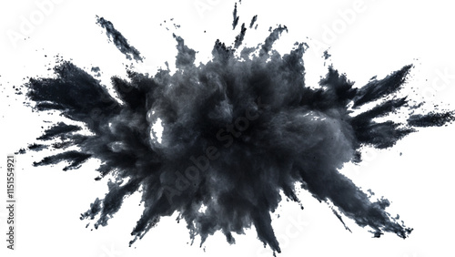 Black powder explosion with dark colors isolated white background. Abstract powder splatted on white background, 