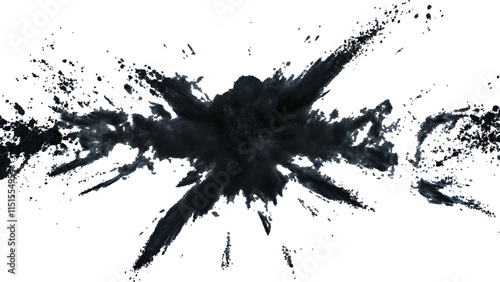 Black powder explosion with dark colors isolated white background. Abstract powder splatted on white background, 