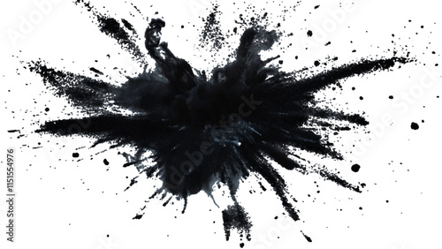 Black powder explosion with dark colors isolated white background. Abstract powder splatted on white background, 