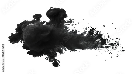 Black powder explosion with dark colors isolated white background. Abstract powder splatted on white background, 