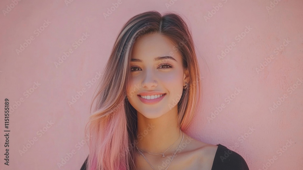 Chic young woman smiling, showing shiny straight hair in warm peach-toned background, capturing bold style, sleek vibrance, timeless beauty, and effortless sophistication Chic young woman smiling, showing shiny straight hair in warm peach-toned background, capturing bold style, sleek vibrance, timeless beauty, and effortless sophistication