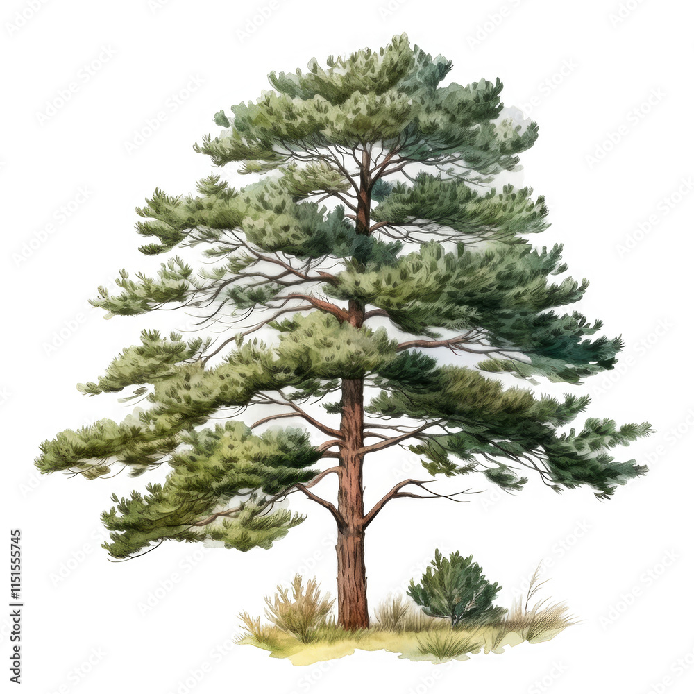 Watercolor Painting Of A Tall Green Pine Tree