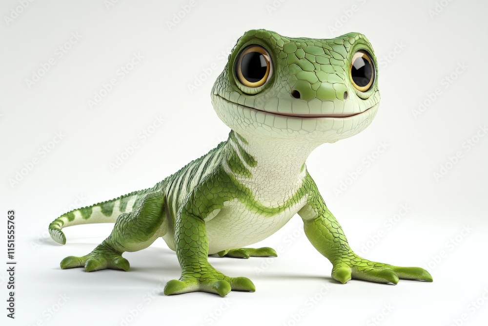Obraz premium A cartoonish green lizard with large eyes stands on a white background