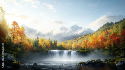 Tranquil Autumn Waterfall in Mountain Landscape