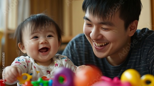 Father and baby daughter laughing and playing together with pic photo